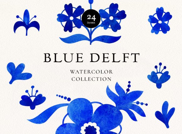 Download Blue Delft Watercolor Floral Elements - Floral elements Collection