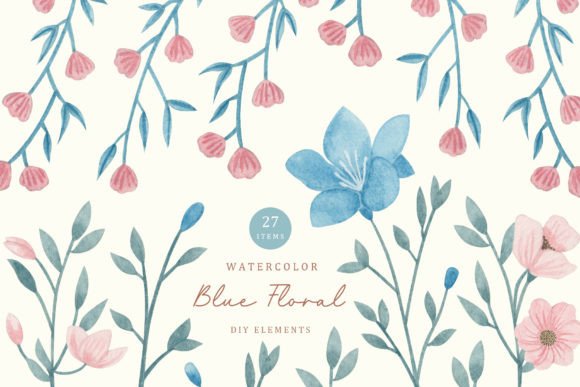 Download Watercolor Blue Floral Elements - Floral elements Collection